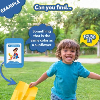 Child playing Found It Outdoor Edition scavenger hunt game with sunflower item and Found It! bubble