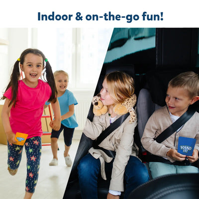 Children playing with game components indoors and in a car for Found It! Combo ages 4-7