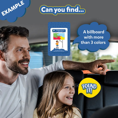 Family playing a game inside a car with Found It! Combo: Indoor + Travel for ages 4-7