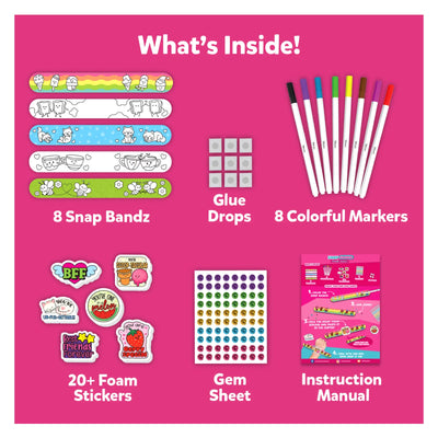 Craft kit for creating custom Snap Bandz with markers, stickers, and gems for kids