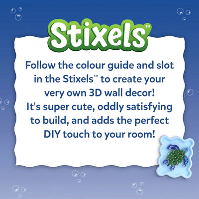 Informational graphic for Skillmatics Stixels featuring product details and a completed Sea Turtle design. The image explains that children can follow the color guide and slot in colorful Stixels to create a 3D wall decor project that is engaging to build and display in their room.