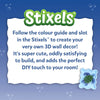 Informational graphic for Skillmatics Stixels featuring product details and a completed Sea Turtle design. The image explains that children can follow the color guide and slot in colorful Stixels to create a 3D wall decor project that is engaging to build and display in their room.