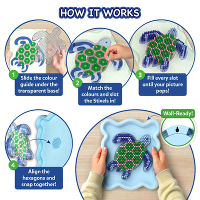 Step-by-step visual guide showing how to create the Skillmatics Stixels Sea Turtle wall decor. Images demonstrate placing the color guide beneath the transparent base, matching and inserting Stixels by color, filling the design, attaching it to the frame, and displaying the finished artwork.