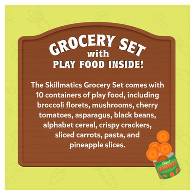 Brown wooden-style sign with white text advertising a Play Food Grocery Set for Pretend Play