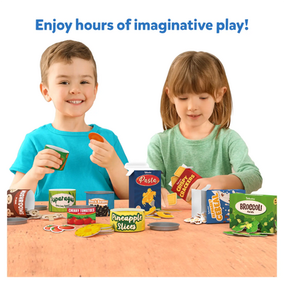 Two young children playing with realistic toy food items from Grocery Set for pretend play