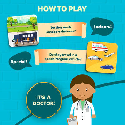 Instructional diagram for identifying professions in Guess in 10 Junior Community Helpers game