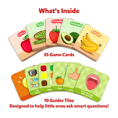 Educational game cards and guider tiles from Guess in 10 Junior Food We Eat trivia game