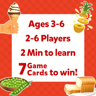 Red Guess in 10 Junior Food We Eat! trivia card showing age, players, time, win