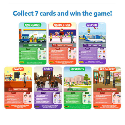 Educational game cards featuring locations, vocabulary, clues, and bonus activities for kids