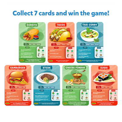 Seven food-themed playing cards for Guess in 10 Foods Around The World trivia game