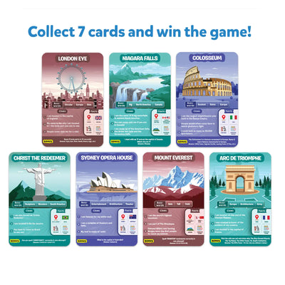 Educational trivia cards featuring famous world landmarks for the Guess in 10 game