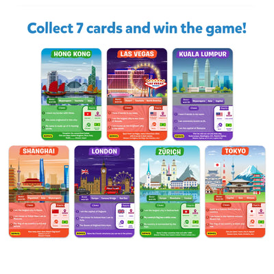 Set of seven collectible city-themed game cards from Guess in 10 Cities Around The World trivia game
