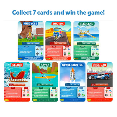 Set of seven illustrated transportation game cards from Guess in 10 Things That Go trivia game