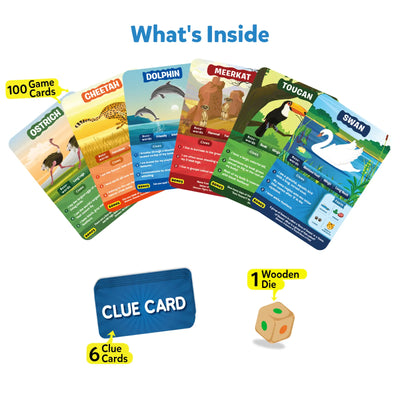 Animal-themed guessing game with 100 game cards, 6 clue cards, and a wooden die