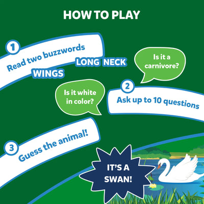 Graphic illustrating how to play the Guess in 10 Animal Planet Mega Pack trivia game