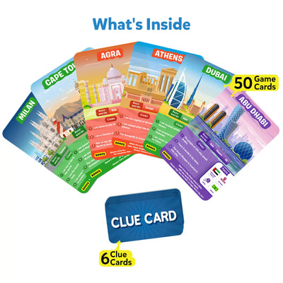 Educational game cards featuring cities and clue card for Guess in 10 cities trivia game