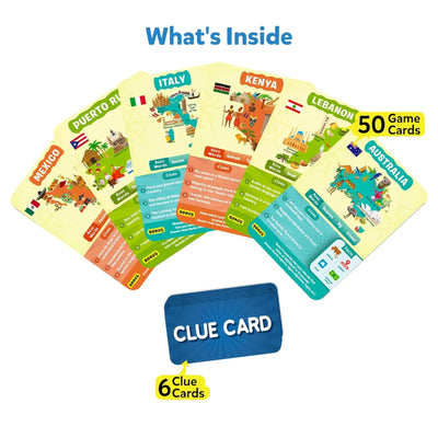 Educational game cards featuring world countries and clues from Guess in 10 Countries Of The World trivia game