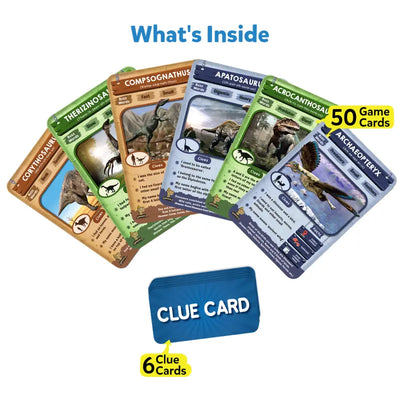 Dinosaur-themed trivia game cards with clue card from Guess in 10 Deadly Dinosaurs