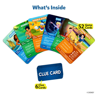 Disney-themed game cards from Guess in 10 Disney Trivia card game for ages 6+