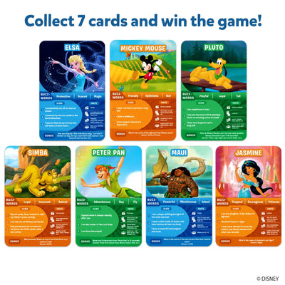 Set of seven Disney character trading cards from Guess in 10 Disney Trivia card game for ages 6+