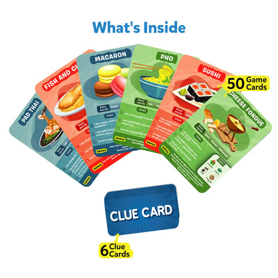 Food-themed game cards with clue cards from Guess in 10 Foods Around The World trivia game