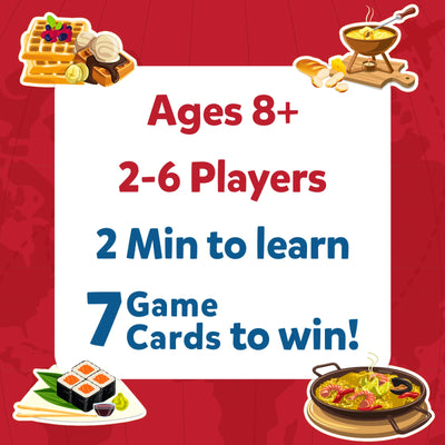 Game info card for Guess in 10 Foods Around The World trivia game showing players, age, time, and win conditions