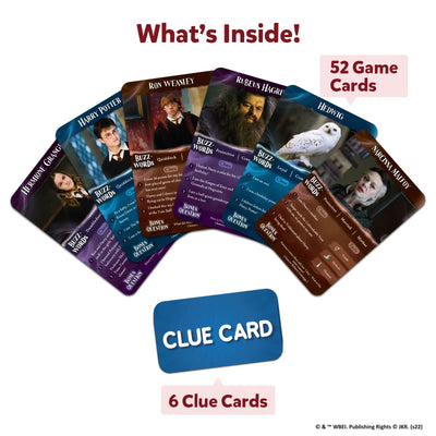 Harry Potter-themed game cards including characters, creatures, and clues from Guess in 10 game