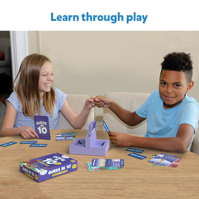 Children playing Guess in 10 Legendary Landmarks trivia card game for ages 8+