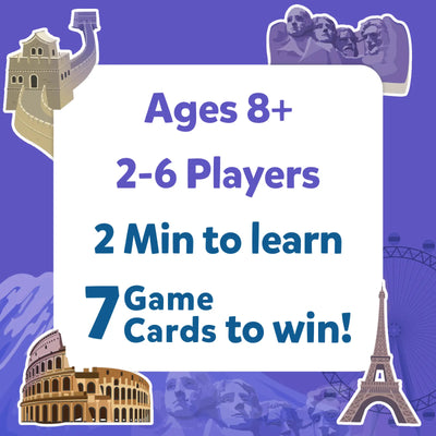 Board game showing minimum age, player count, learning time, and win conditions for Legendary Landmarks Trivia Card Game