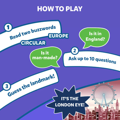 Illustrated guide for playing Guess in 10 Legendary Landmarks trivia card game