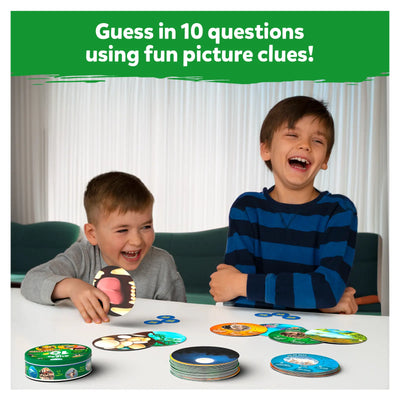 Children’s trivia game Guess in 10: Picture Clues Animal Planet with round cards and green tin