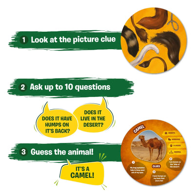 Educational game instructions for identifying animals in Guess in 10 Picture Clues Animal Planet trivia game