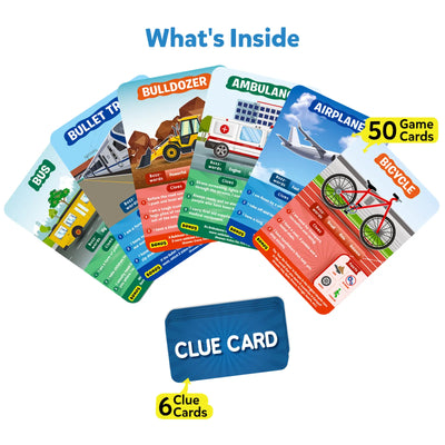 Educational game cards and clue cards from Guess in 10 Things That Go trivia game for ages 6+
