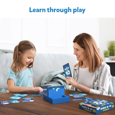 Blue Guess in 10 underwater animals trivia card game set with visible cards and box