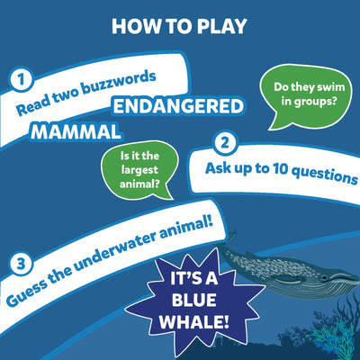 Illustrated guide for playing Guess in 10 Underwater Animals trivia card game