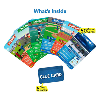 Sports-themed game cards and clue cards for Guess in 10 World Of Sports trivia game