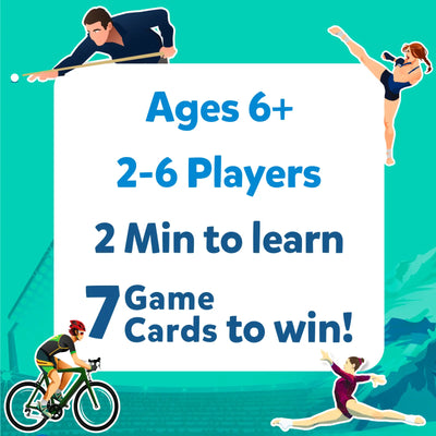 Promotional graphic for Guess in 10 World Of Sports trivia game with age, players, and winning info