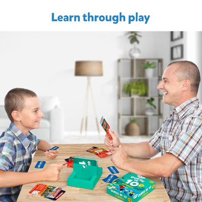 Family playing Guess in 10 World Of Sports trivia card game for learning through play