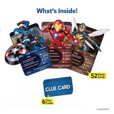 Marvel-themed game and clue cards from Guess in 10 Marvel trivia card game for ages 8+