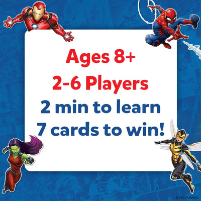 Marvel-themed trivia card game for 2-6 players ages 8+ with quick 2-minute gameplay