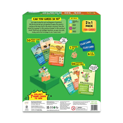 Children’s guessing game with animal and country-themed cards, wooden die, and clues