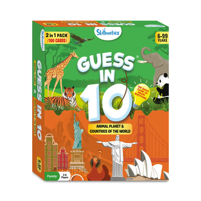 Green and orange Guess in 10 Combo board game box featuring Animal Planet and Countries themes