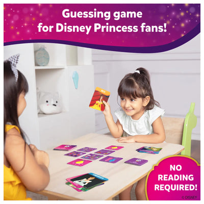 Two young girls playing Disney Princess themed Guess in 10 Junior trivia card game