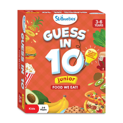 Children playing Guess in 10 Junior Food We Eat trivia card game for ages 3-6