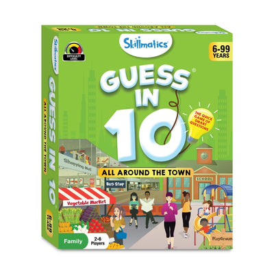 Green educational board game box for ages 6 to 99 from Guess in 10 All Around The Town