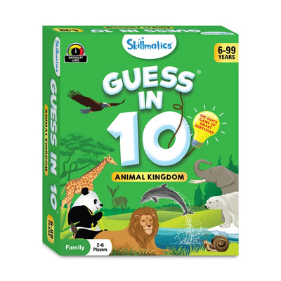 Green children’s board game box featuring animals for Guess in 10 Animal Kingdom trivia