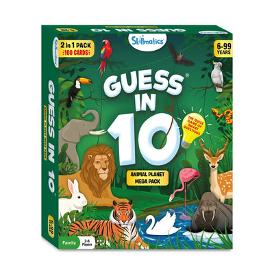 Family playing Guess in 10 Animal Planet Mega Pack trivia card game about guessing animals