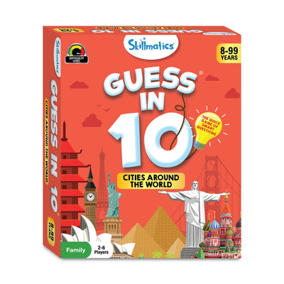 Red Skillmatics Guess in 10 Cities Around The World board game box for ages 8+