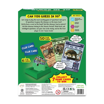 Green box with dinosaur-themed guessing game and cards for Guess in 10 Deadly Dinosaurs
