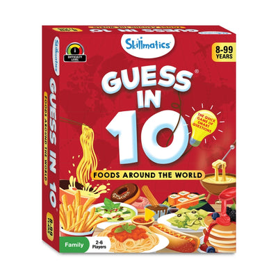 Red board game box for Guess in 10 Foods Around The World trivia card game with international dishes